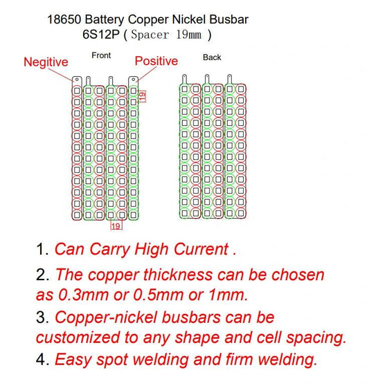 18650 customized Copper-Nickel Composite 6S12P Spacer 19mm Busbar for drone battery connections