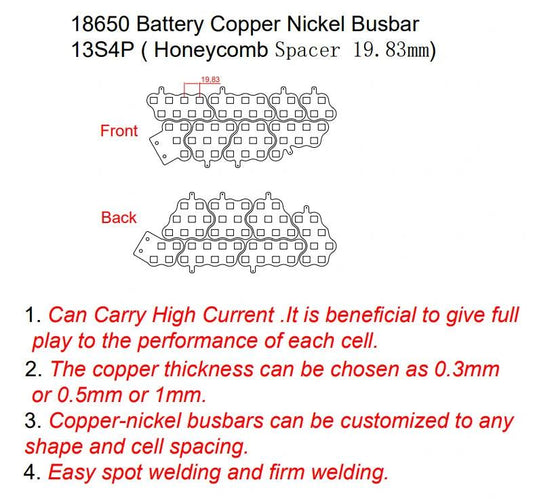 18650 customized Copper-Nickel Composite 13S4P Busbar Spacer 19.83mm for E-bike battery connections
