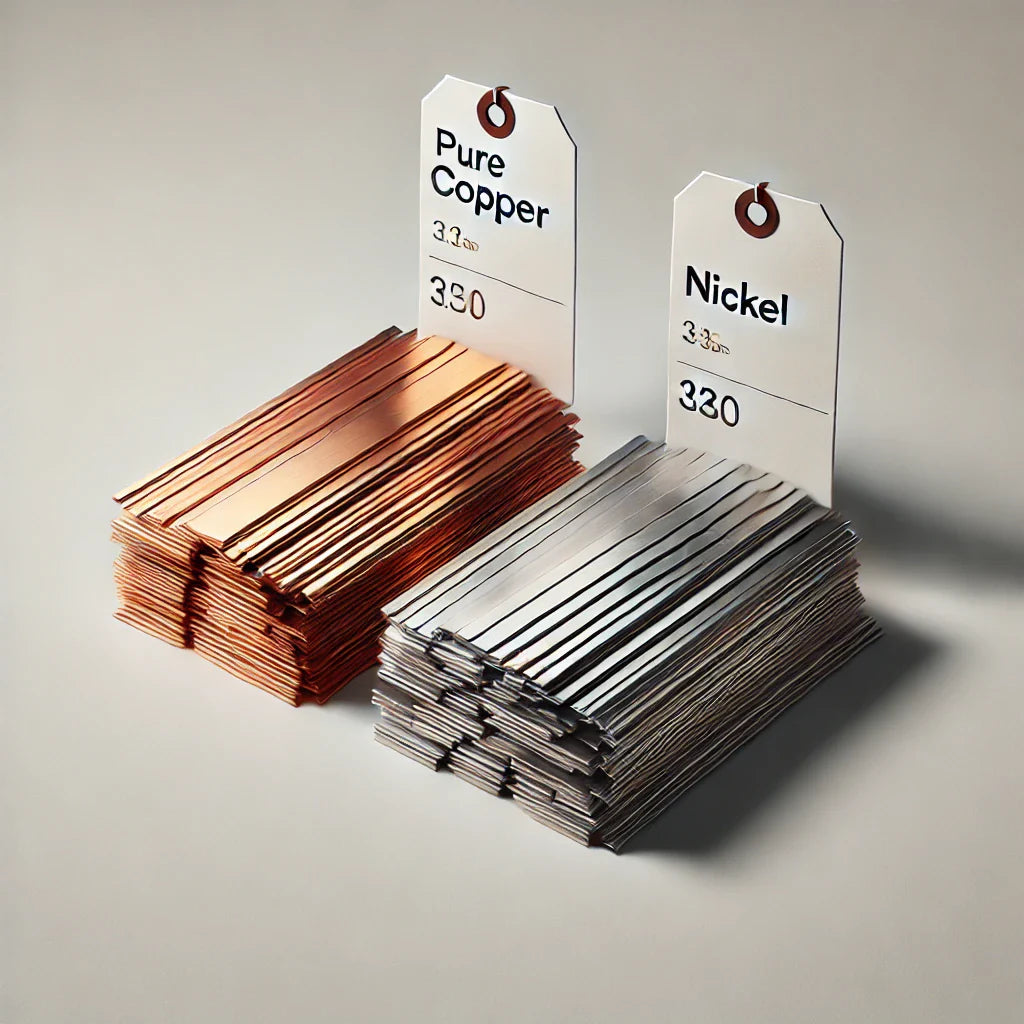 Comparison of pure copper and nickel busbar strips labeled with conductivity values, illustrating material differences in electrical efficiency and corrosion resistance for lithium-ion battery systems — Wellgo Battery.