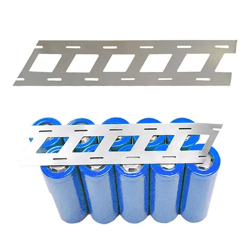 Stamped metal battery busbar positioned above a row of cylindrical cells—illustrates compact high‑power connector design, reflecting the trend toward miniaturization in portable power station connectors for efficient current distribution.