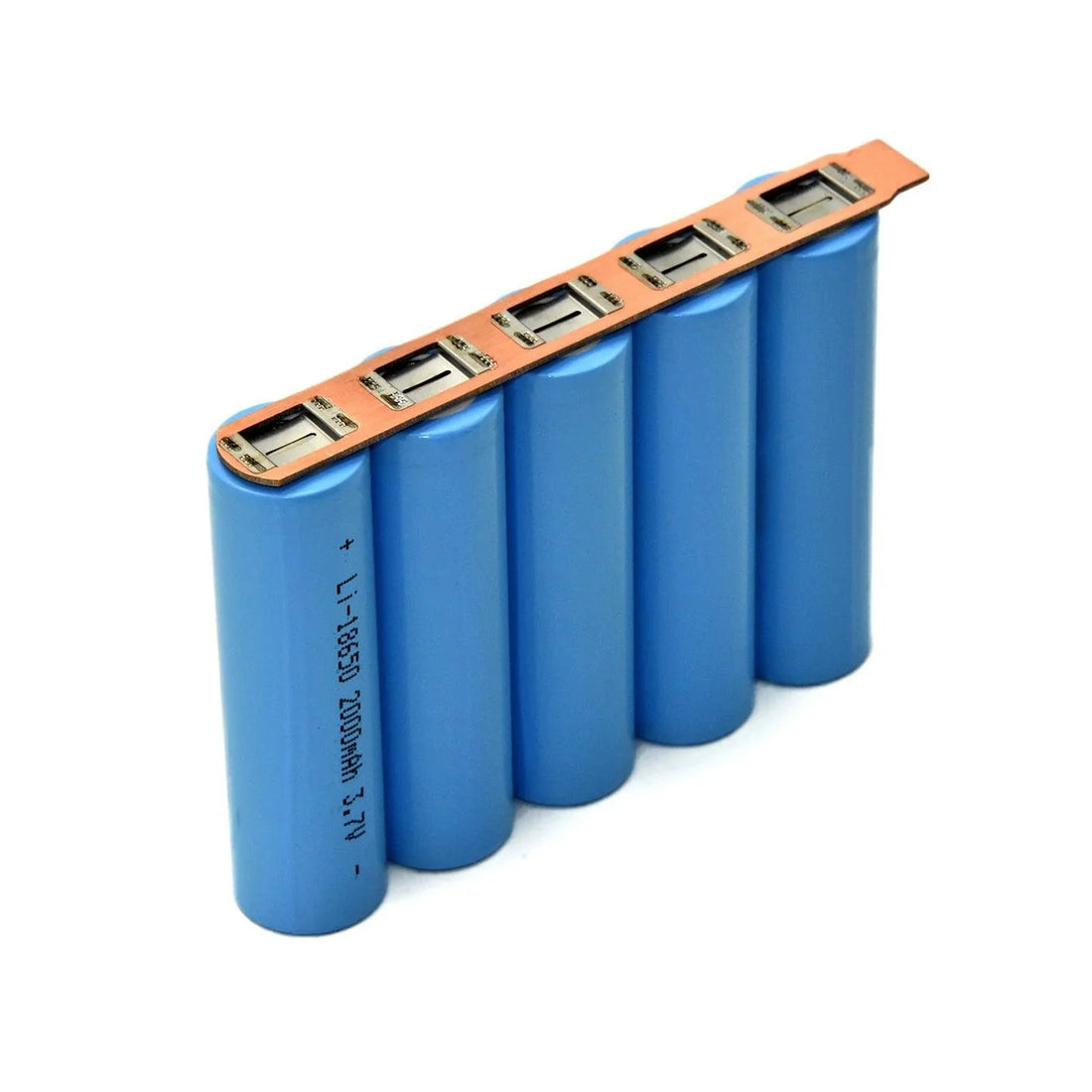 Copper-nickel composite busbar welded across a series of 18650 lithium-ion cells, showcasing efficient battery connection for reliable current flow and reduced resistance.