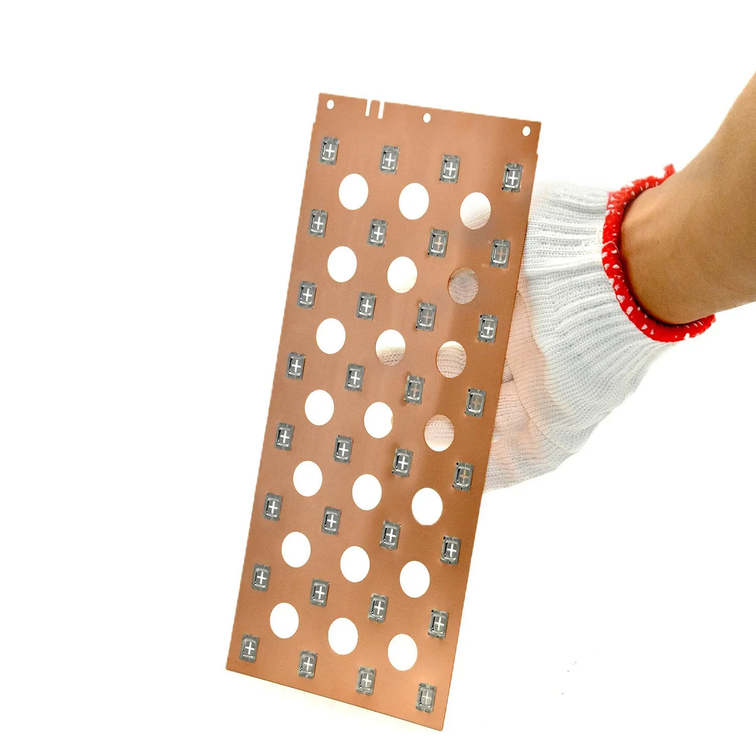 Precision-engineered copper battery busbar with punched holes and nickel-plated contact points, optimized for spot welding and modular energy storage.