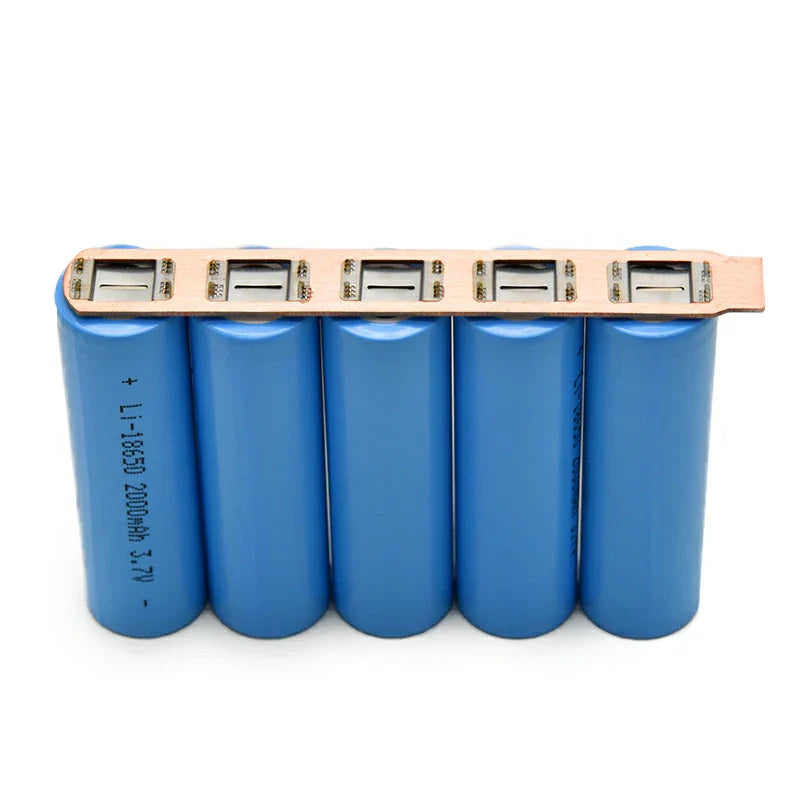 High-performance copper-nickel busbar with laser-welded terminals for 18650 lithium-ion battery pack assembly, ensuring low resistance and reliable current flow.