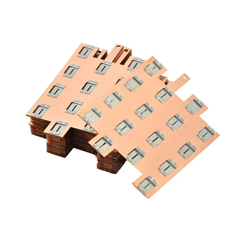 Stacked custom copper battery tabs for high-current lithium-ion packs used in e-mobility systems, supporting advanced spot welding and high efficiency.