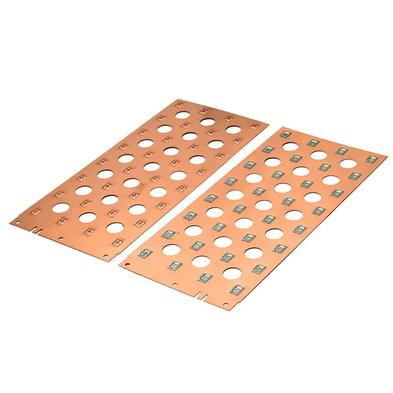 Precision copper busbar plates with circular cutouts designed for lithium battery modules — Wellgo Battery’s high-conductivity copper sheets used to calculate cost per meter and optimize energy flow.