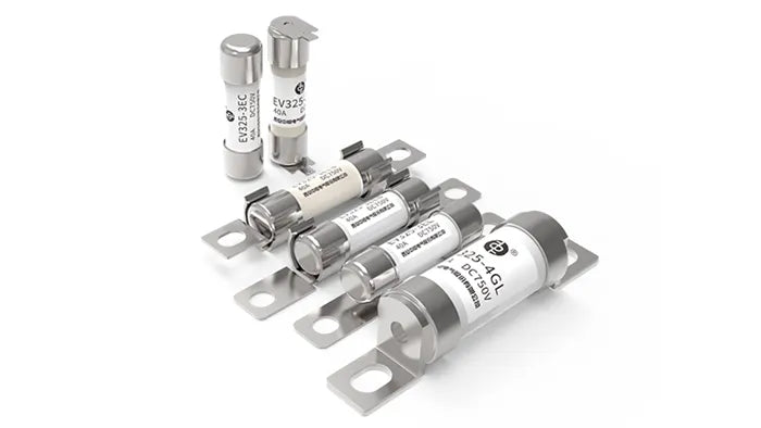 High-voltage EV battery fuses used in electric vehicle power systems, providing protection and safety alongside Wellgo Battery’s busbar and connector designs.