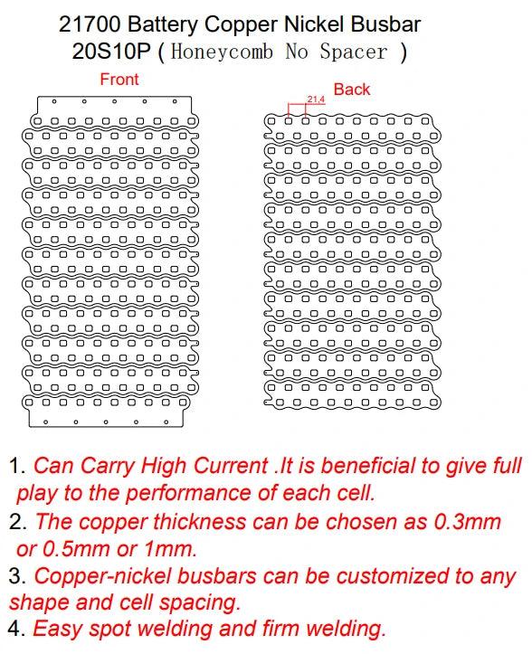 21700 Customized Copper Nickel Busbar 20S10P for Lithium-Ion Battery Connections in Electric Bicycle - Without Cell Holder